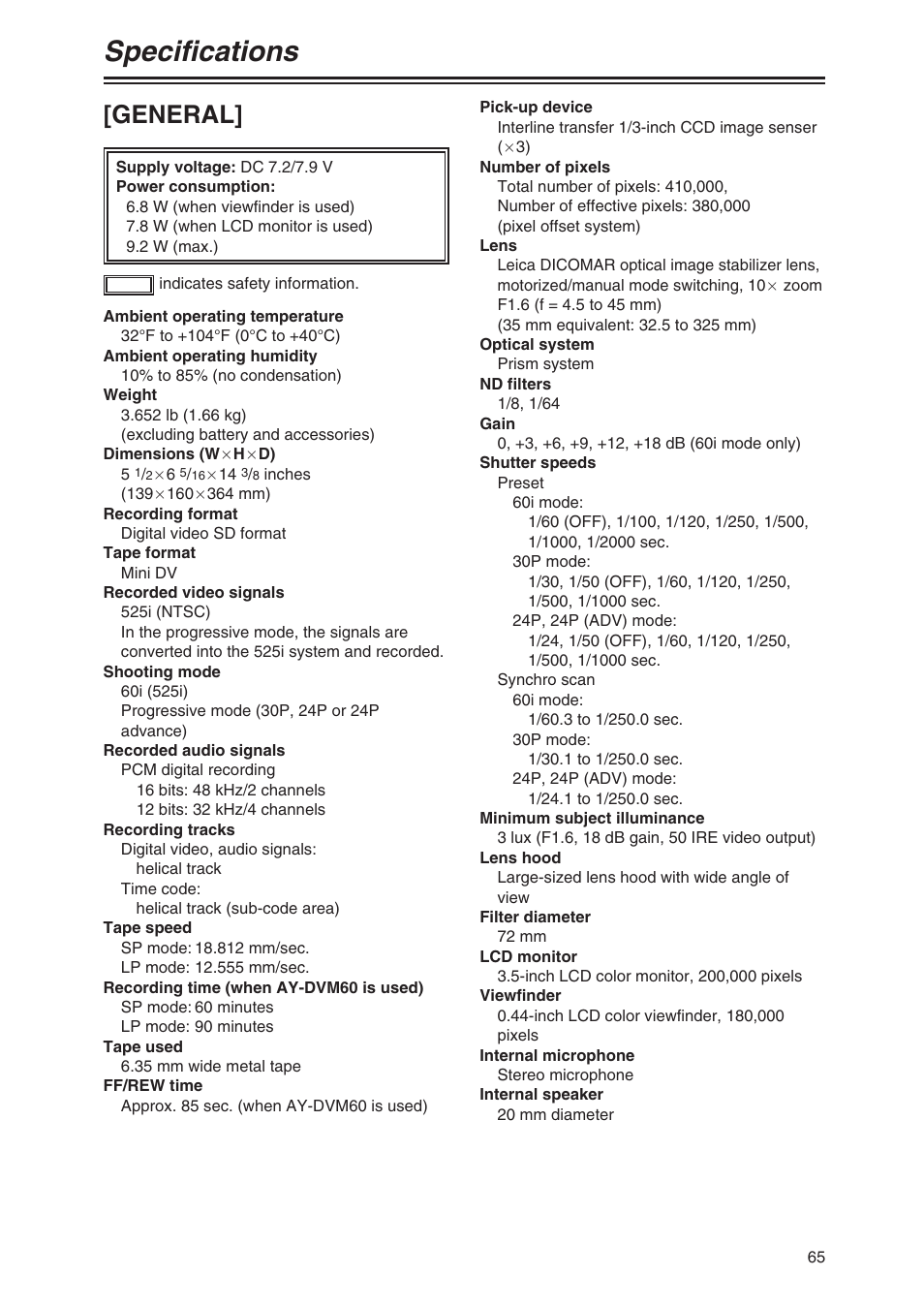 Specifications, General | Panasonic AG-DVX100P User Manual | Page 65 / 68