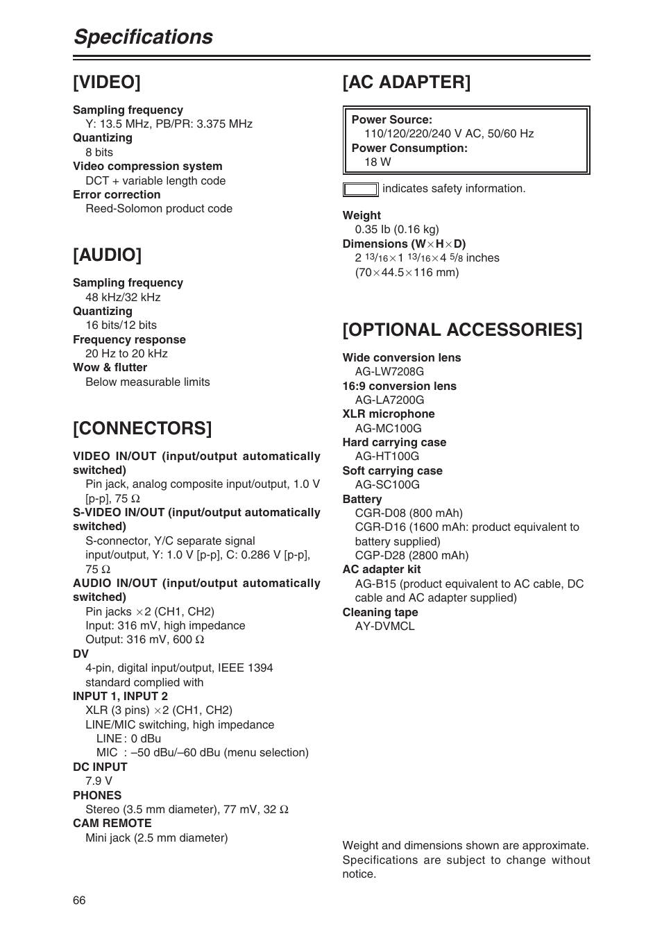 Specifications, Video, Audio | Connectors, Optional accessories, Ac adapter | Panasonic AG-DVX100P User Manual | Page 66 / 68