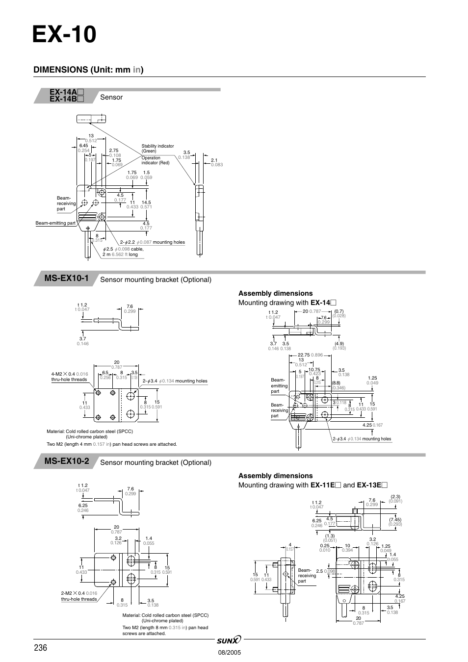 Ex-10, Dimensions (unit: mm in ), Ms-ex10-1 | Ms-ex10-2, Ex-14a Ⅺ ex-14b, Sensor, Sensor mounting bracket (optional), Assembly dimensions mounting drawing with ex-14 | Panasonic EX-10 Series User Manual | Page 11 / 13