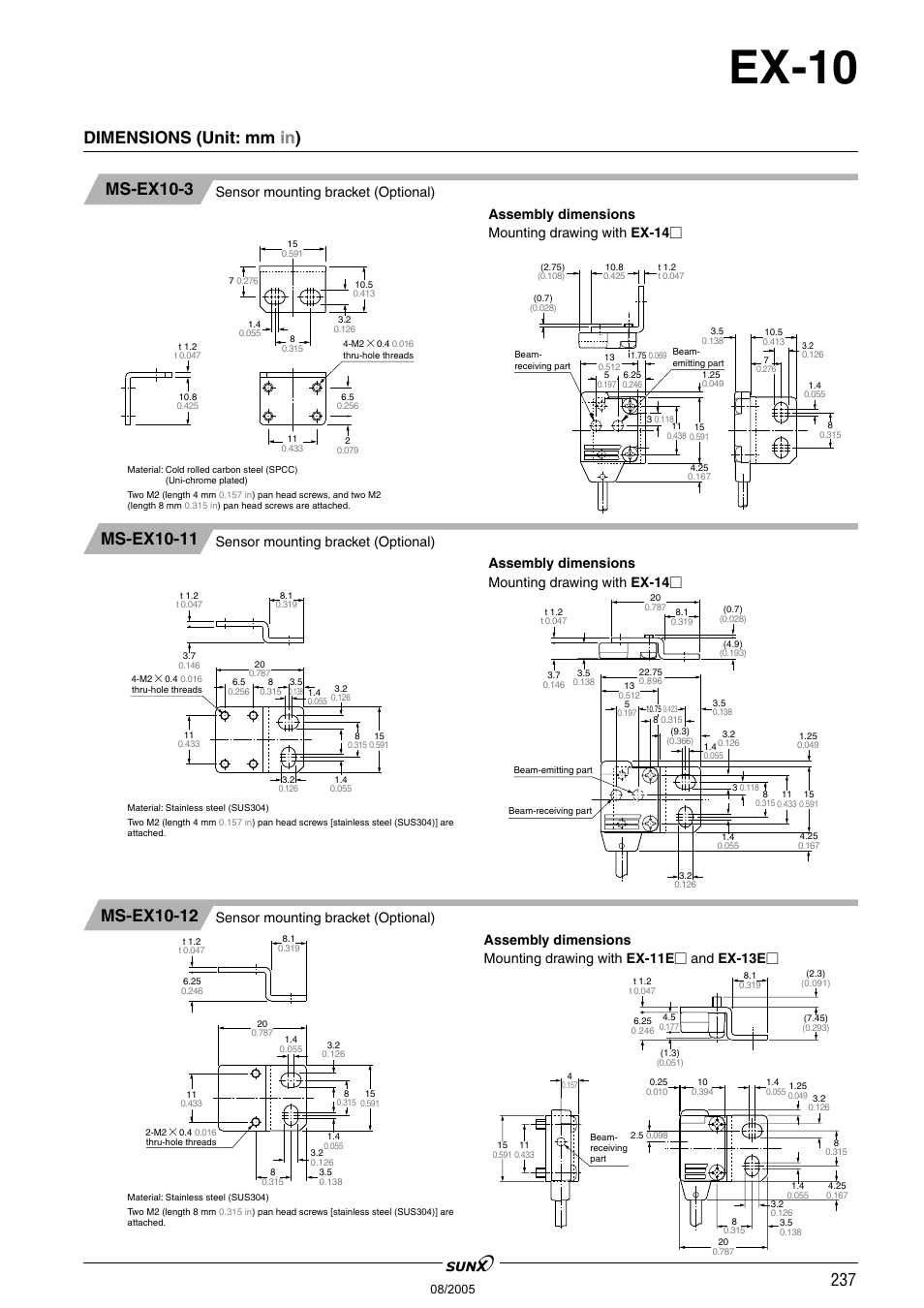 Ex-10, Dimensions (unit: mm in ) ms-ex10-3, Ms-ex10-11 | Ms-ex10-12, Sensor mounting bracket (optional), Assembly dimensions mounting drawing with ex-14 | Panasonic EX-10 Series User Manual | Page 12 / 13