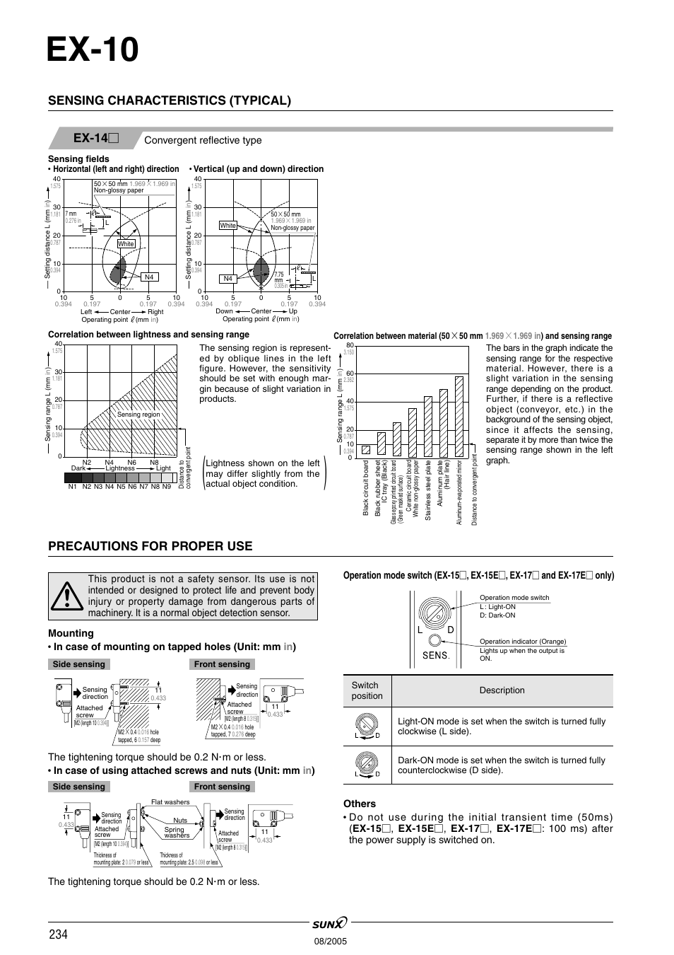 Ex-10, Sensing characteristics (typical), Ex-14 | Precautions for proper use, Convergent reflective type, The tightening torque should be 0.2 n ⅐m or less | Panasonic EX-10 Series User Manual | Page 9 / 13