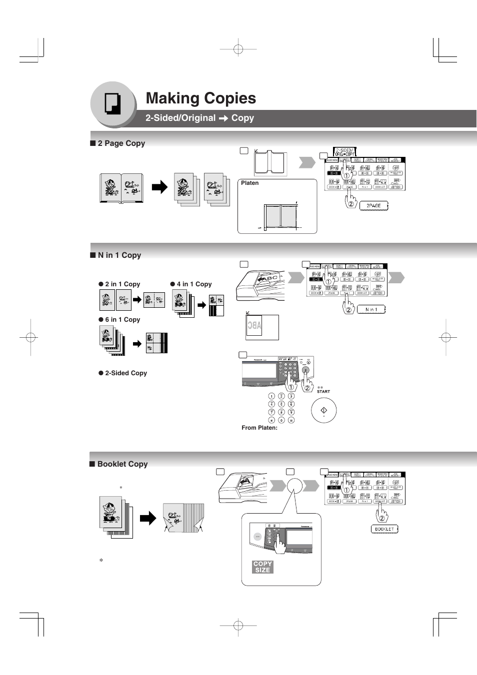 Making copies, Sided/original copy, 2 page copy | N in 1 copy, Booklet copy | Panasonic 4520 User Manual | Page 40 / 96