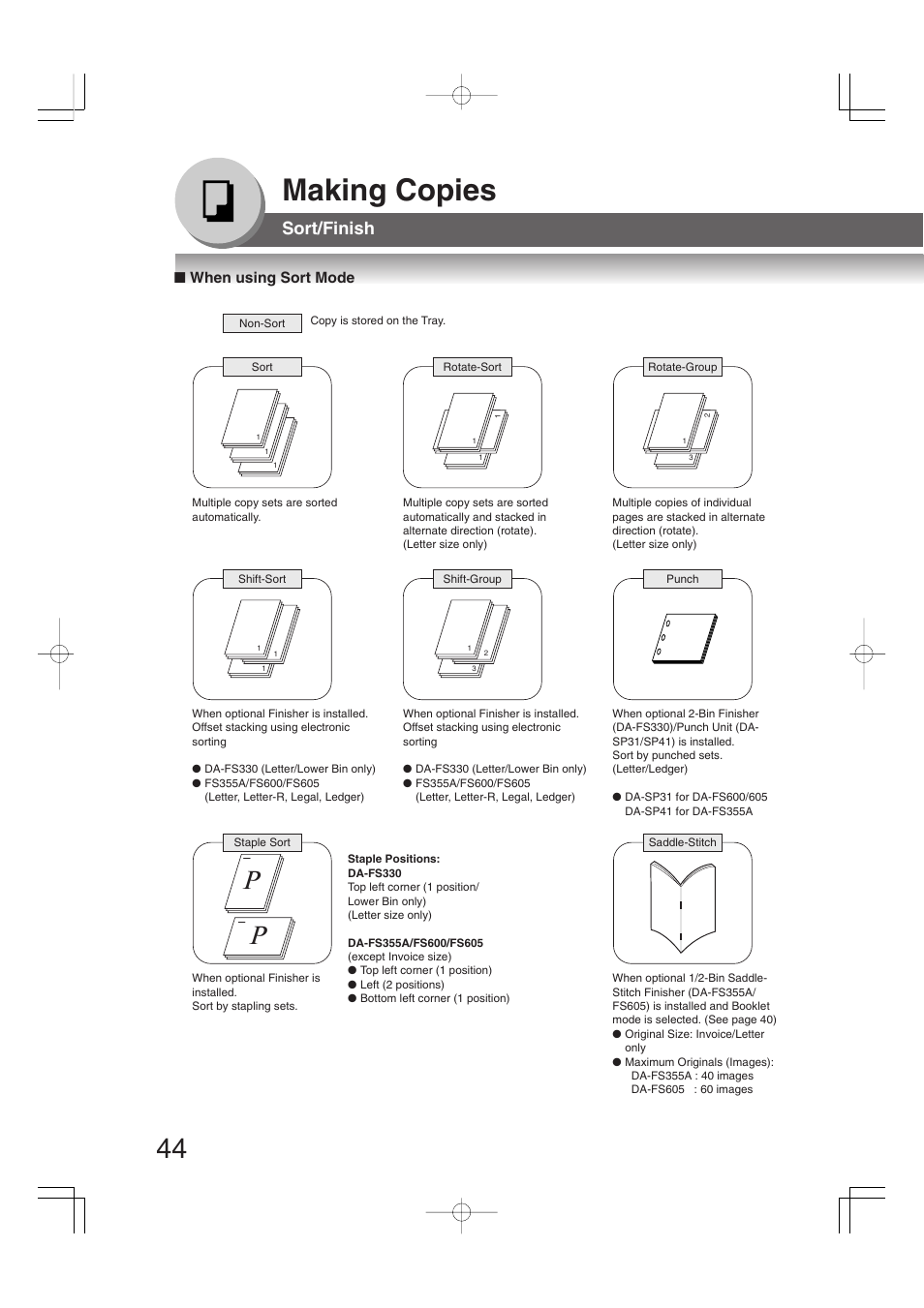 Sort/finish, Making copies, When using sort mode | Panasonic 4520 User Manual | Page 44 / 96