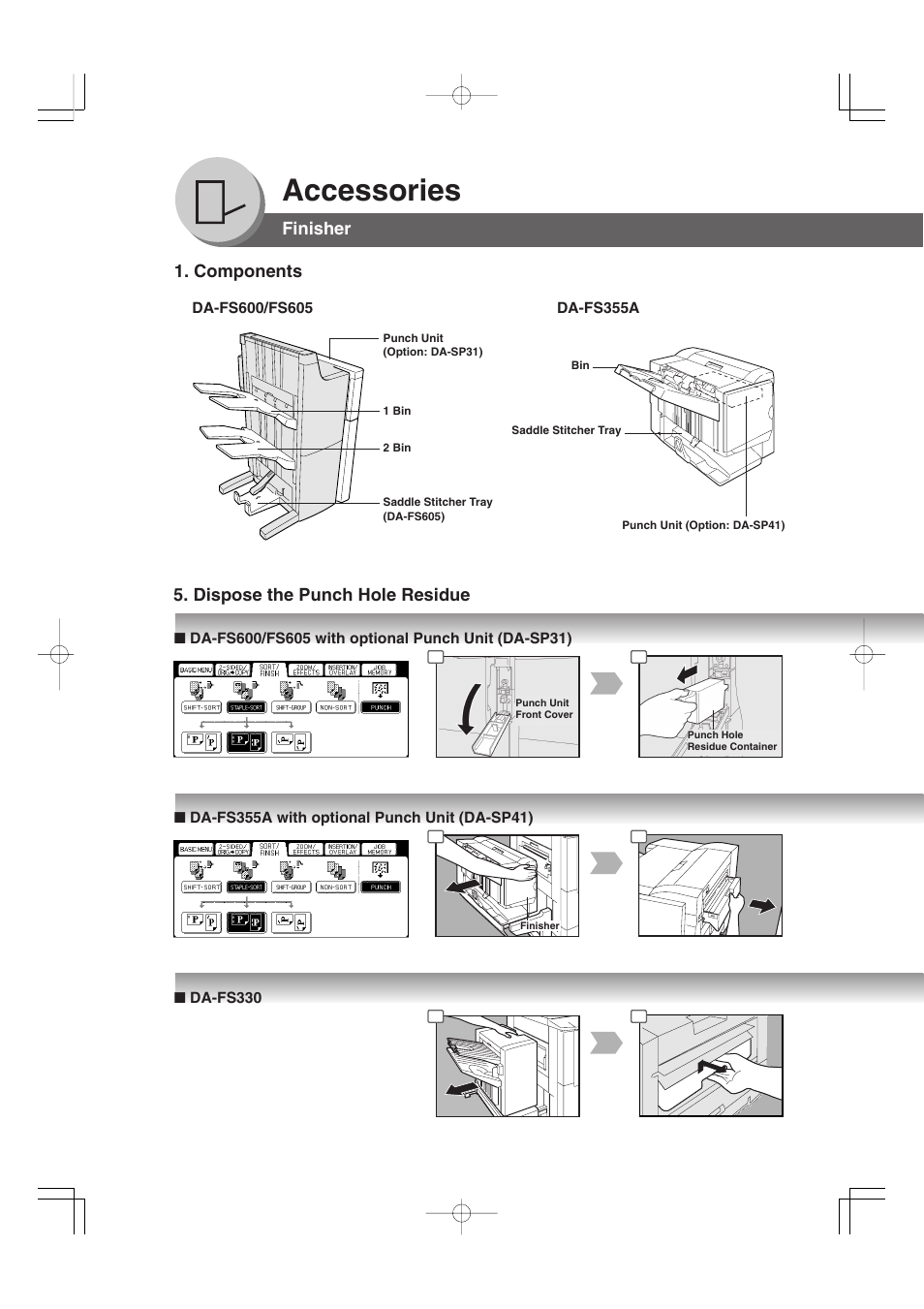 Accessories, Finisher 1. components, Dispose the punch hole residue | Panasonic 4520 User Manual | Page 76 / 96