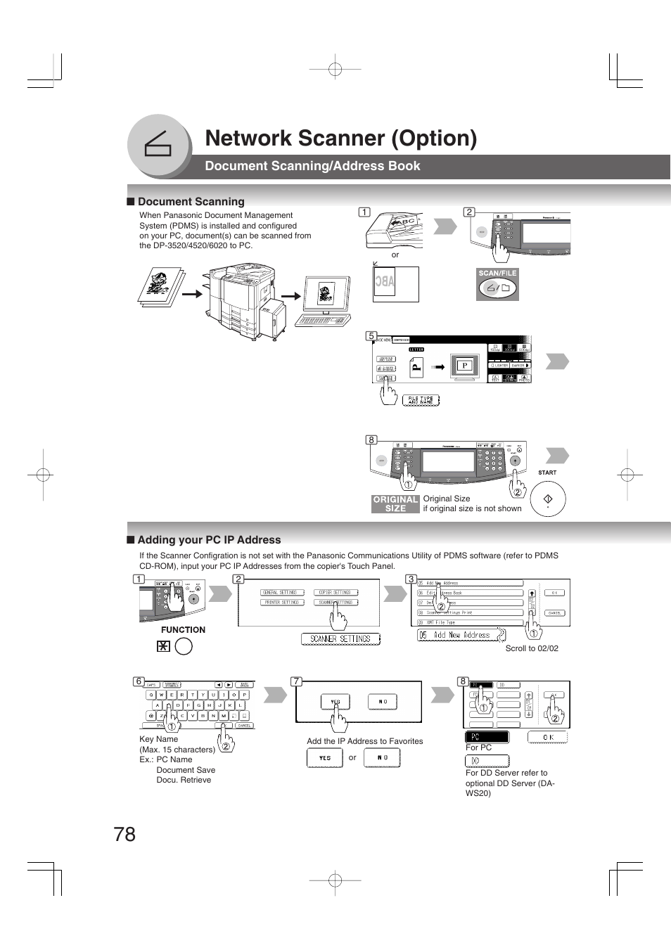 Network scanner (option), Document scanning, Adding your pc ip address | Document scanning/address book | Panasonic 4520 User Manual | Page 78 / 96