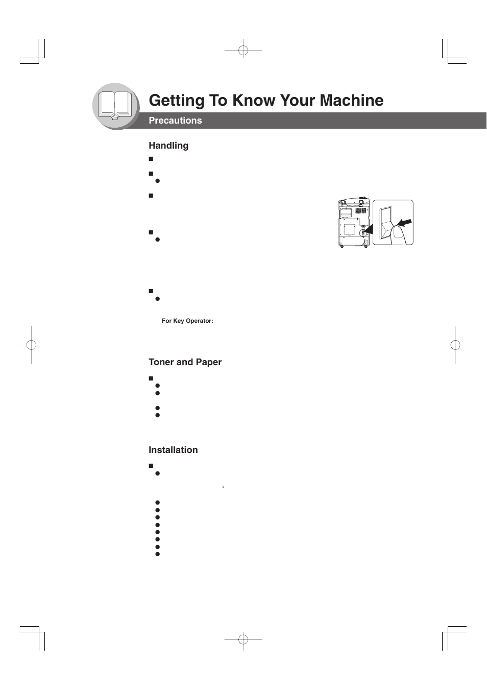 Getting to know your machine, Precautions toner and paper handling, Installation | Panasonic 4520 User Manual | Page 8 / 96