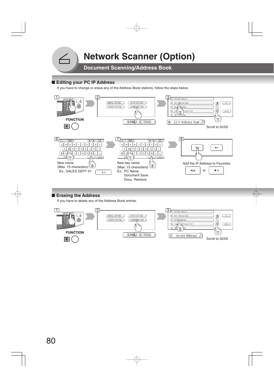 Editing your pc ip address, Erasing the address, Network scanner (option) | Document scanning/address book | Panasonic 4520 User Manual | Page 80 / 96