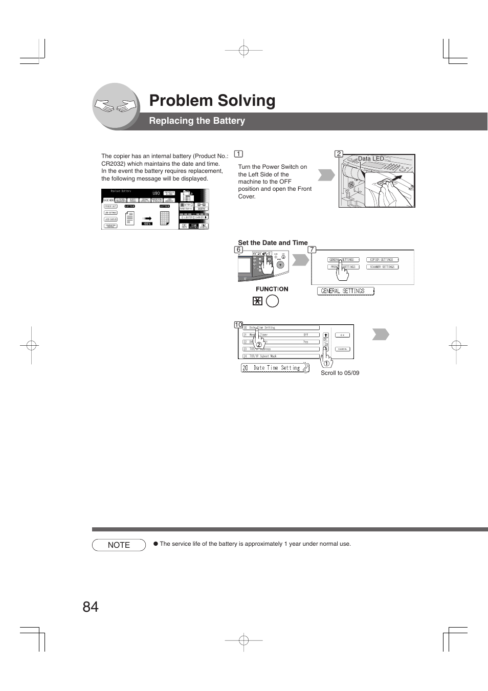 Replacing the battery, Problem solving | Panasonic 4520 User Manual | Page 84 / 96