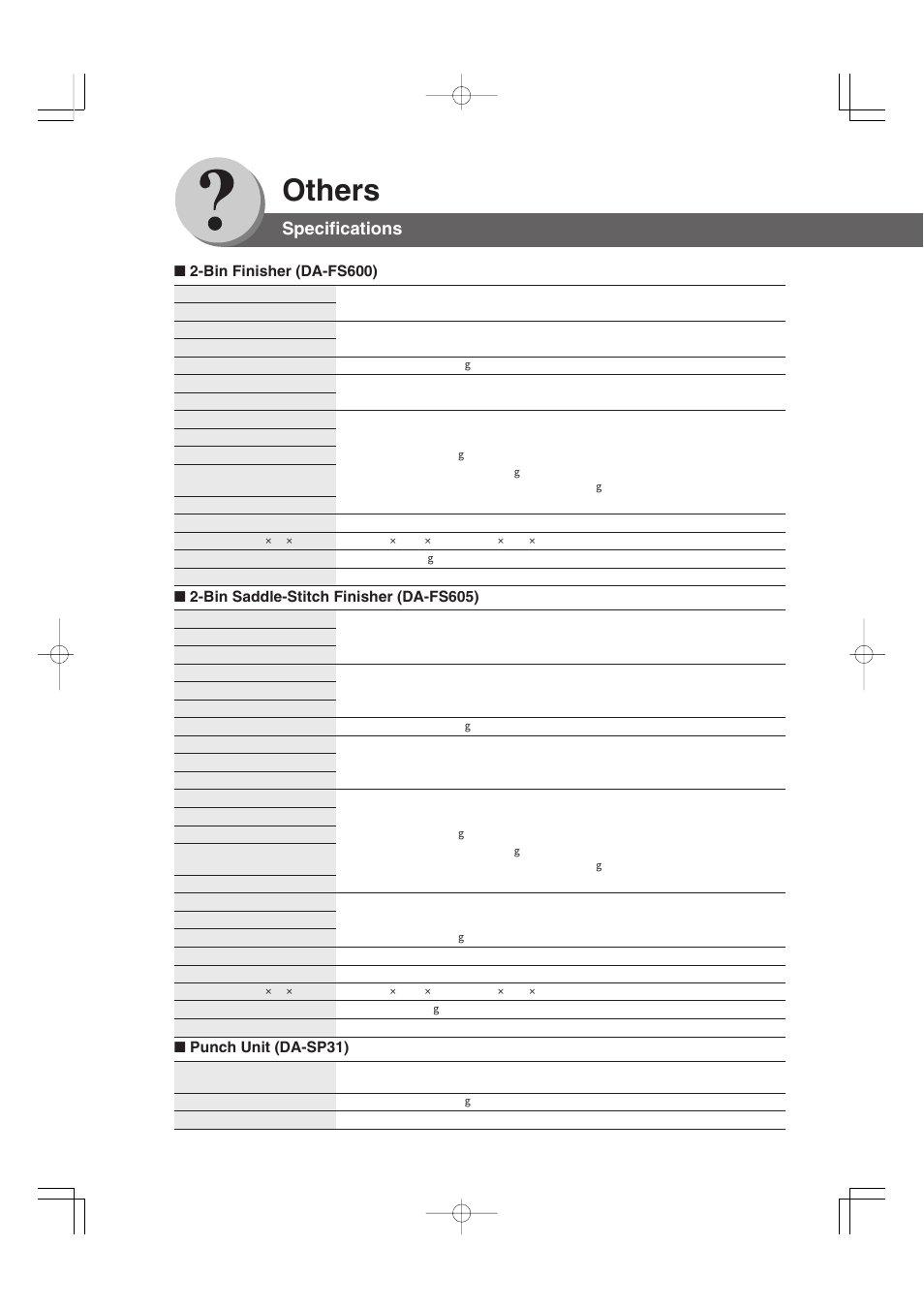 Others, Specifications, Bin finisher (da-fs600) | Bin saddle-stitch finisher (da-fs605), Punch unit (da-sp31) | Panasonic 4520 User Manual | Page 88 / 96