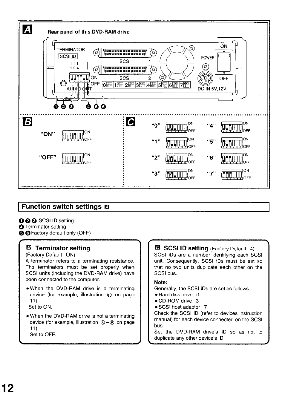 Rear panel of this dvd-ram drive, Function switch settings в, Function switch settings | Panasonic LF-D102U User Manual | Page 12 / 40