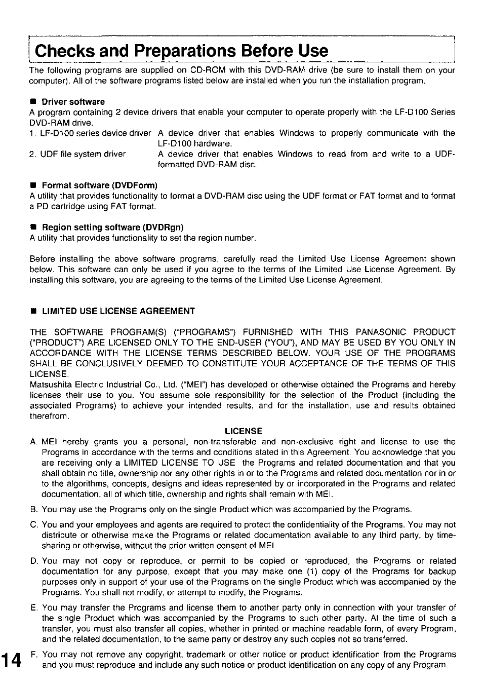 Checks and preparations before use, Driver software, Format software {dvdform) | Region setting software (dvdrgn), Limited use license agreement, License | Panasonic LF-D102U User Manual | Page 14 / 40