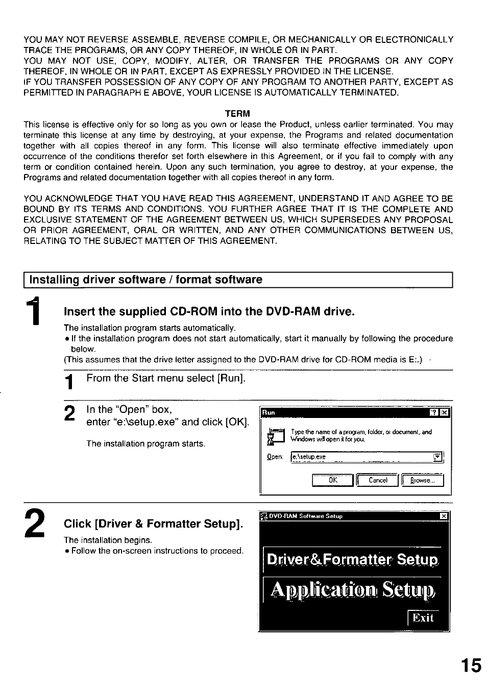 Term, Installing driver software / format software, Insert the supplied cd-rom into the dvd-ram drive | Click [driver & formatter setup, Instaliing driver software/format software, Applieatiqni setup, Bnver&fprmatter setup | Panasonic LF-D102U User Manual | Page 15 / 40