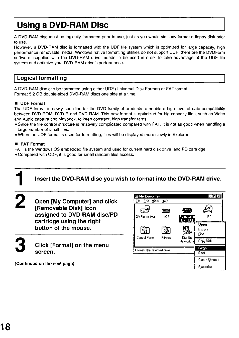 Using a dvd-ram disc, Udf format, Fat format | Panasonic LF-D102U User Manual | Page 18 / 40