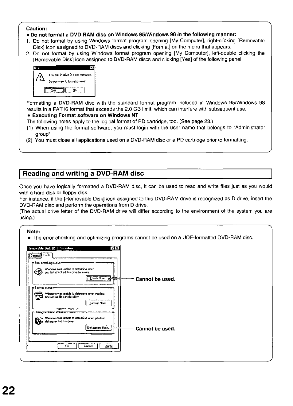 Caution, Note, Cannot be used | Reading and writing a dvd-ram disc | Panasonic LF-D102U User Manual | Page 22 / 40