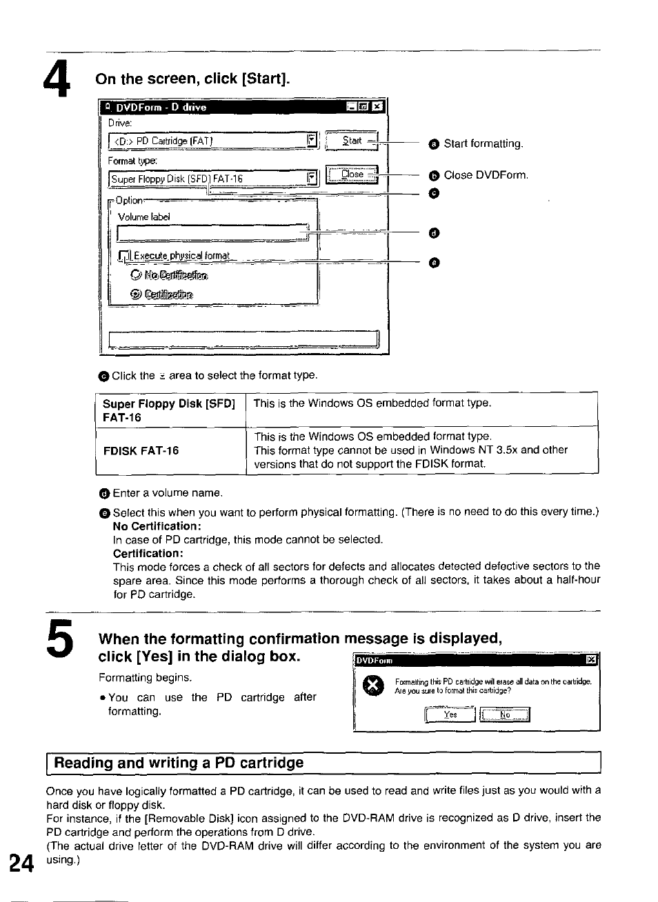 On the screen, click [start, Reading and writing a pd cartridge | Panasonic LF-D102U User Manual | Page 24 / 40