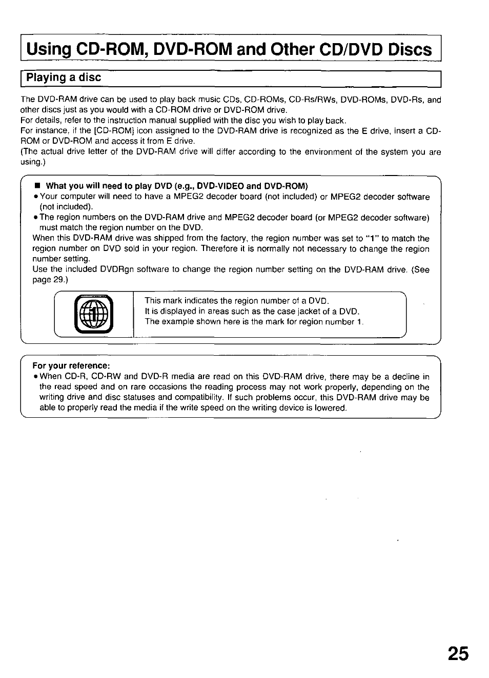 Using cd-rom, dvd-rom and other cd/dvd discs, Playing a disc, For your reference | Panasonic LF-D102U User Manual | Page 25 / 40