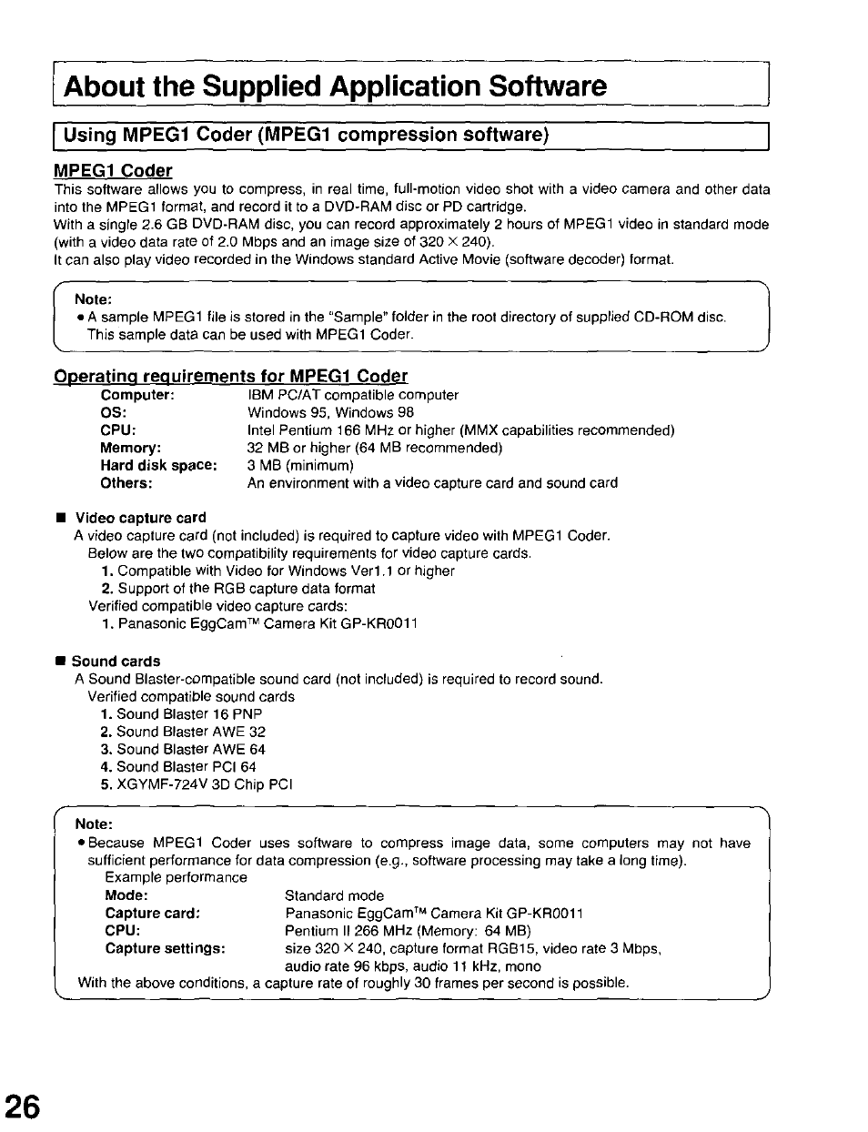 About the supplied application software, Using mpeg1 coder (mpeg1 compression software), Note | Video capture card, Sound cards, Mode, Operating requirements for mpeg1 coder | Panasonic LF-D102U User Manual | Page 26 / 40