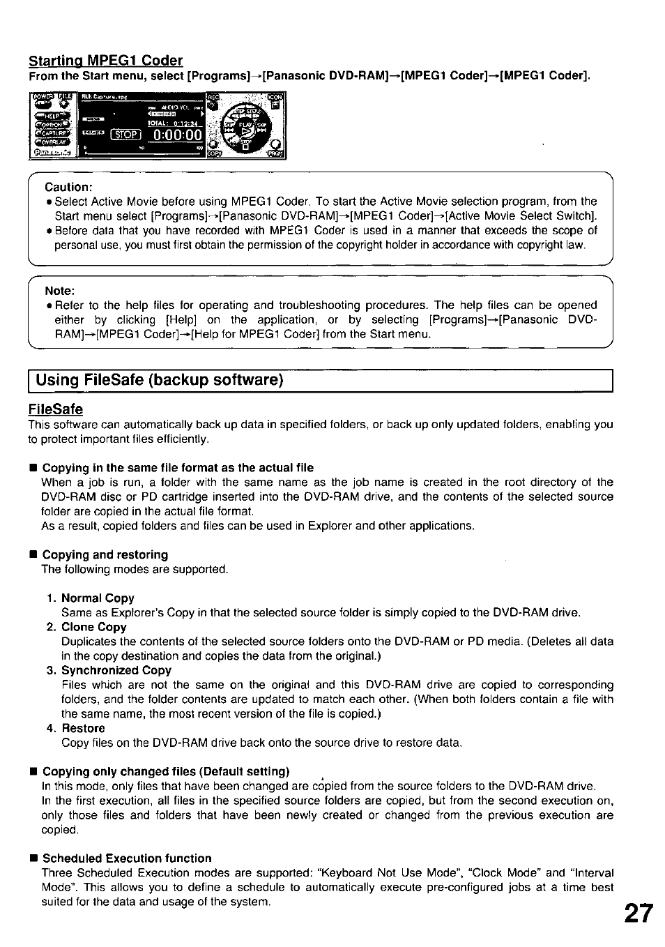 Caution, Note, Copying in the same file format as the actual file | Copying and restoring, Normal copy, Clone copy, Synchronized copy, Restore, Copying only changed files (default setting), Scheduled execution function | Panasonic LF-D102U User Manual | Page 29 / 40