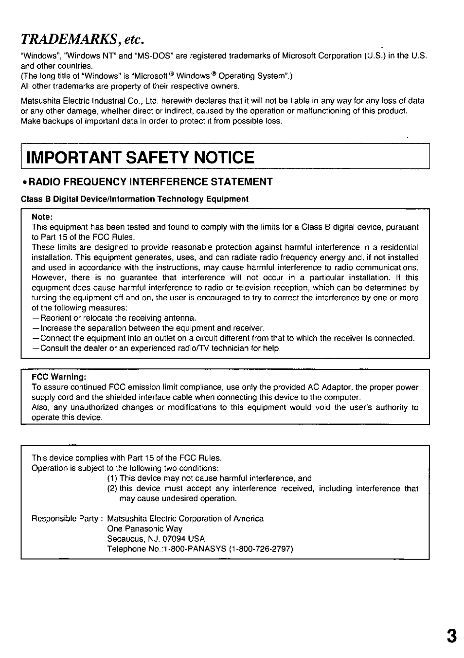 Important safety notice, Radio frequency interference statement, Note | Fcc warning, Trademarks, etc | Panasonic LF-D102U User Manual | Page 3 / 40