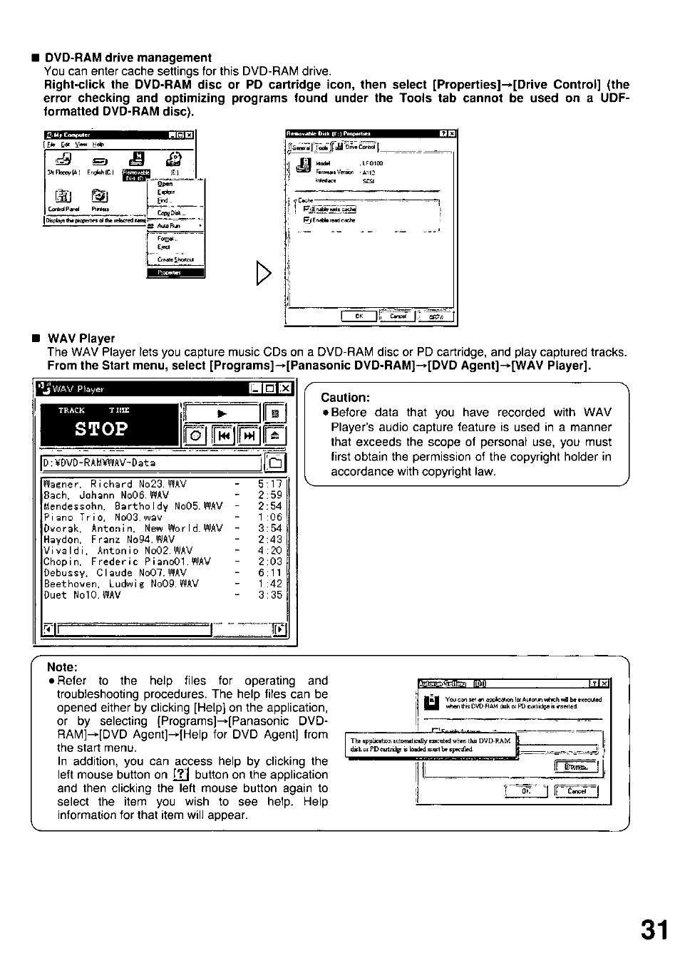 Dvd-ram drive management, Wav player, Stop | Caution, Note, Eïi s), I » 1, Dtf kci pd eartndge is loaded musi be specified | Panasonic LF-D102U User Manual | Page 31 / 40