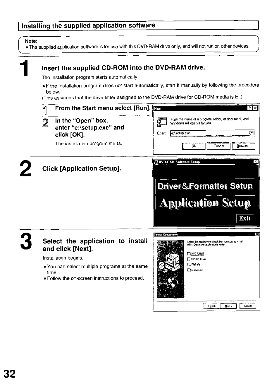 Installing the supplied application software, Note, Insert the supplied cd-rom into the dvd-ram drive | J| from the start menu select [run, O in the “open” box, Enter “e:\setup.exe” and click [ok, Click [application setup, Bnyejrsifqrnii.attej se.tup | Panasonic LF-D102U User Manual | Page 32 / 40