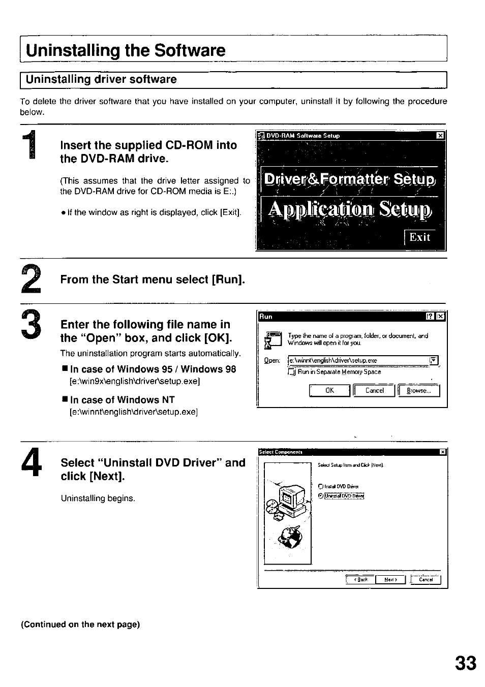 Uninstalling the software, I uninstalling driver software, Insert the supplied cd-rom into the dvd-ram drive | From the start menu select [run, In case of windows 95 / windows 98, In case of windows nt, Select “uninstall dvd driver” and click [next, Uninstalling driver software | Panasonic LF-D102U User Manual | Page 33 / 40