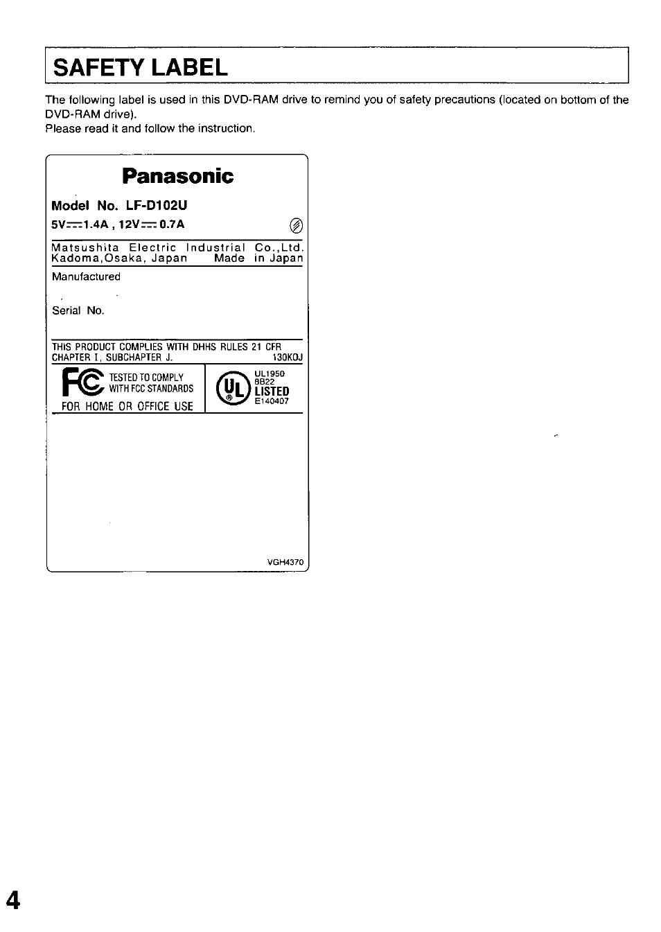 Safety label, Model no. lf-d102u, 5v—1.4a,12v—0.7a | Panasonic | Panasonic LF-D102U User Manual | Page 4 / 40