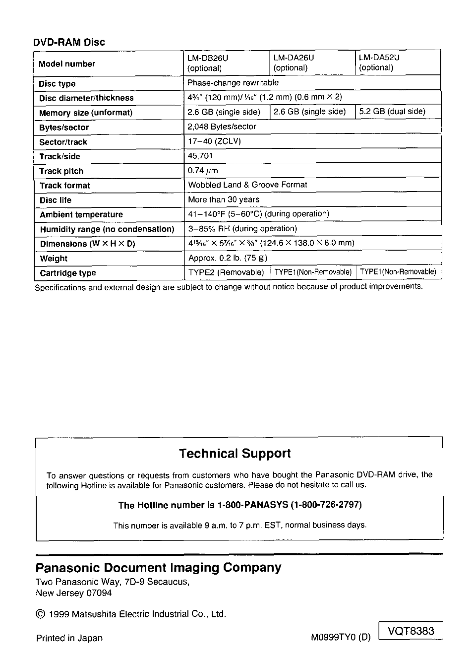 Technical support, Panasonic document imaging company, Dvd-ram disc | Vqt8383 | Panasonic LF-D102U User Manual | Page 40 / 40