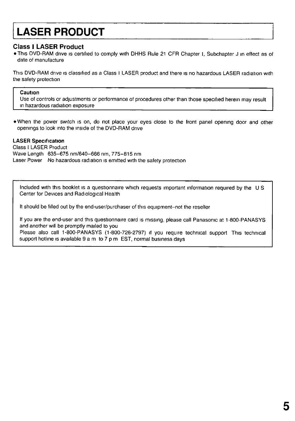 Laser product, Caution, Laser specification | Laser product class 1 laser product | Panasonic LF-D102U User Manual | Page 5 / 40