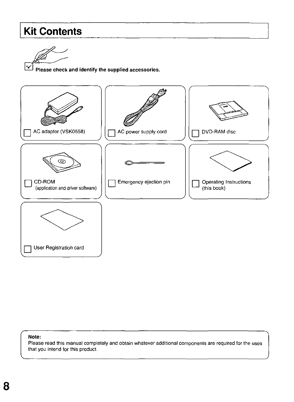 Kit contents, Please check and identify the supplied accessories, Note | Panasonic LF-D102U User Manual | Page 8 / 40