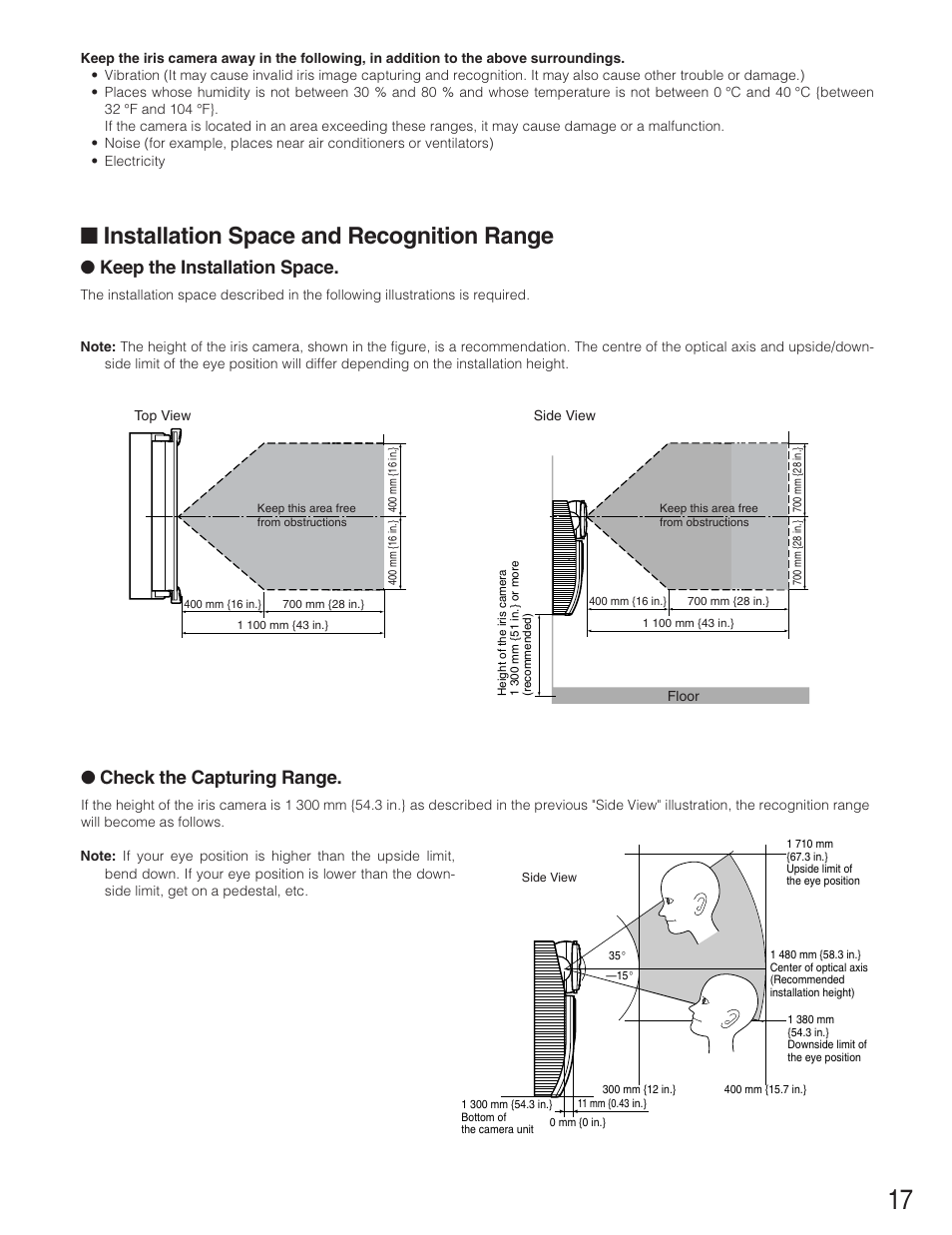Installation space and recognition range, Keep the installation space, Check the capturing range | Panasonic BM-ET300AE User Manual | Page 17 / 35