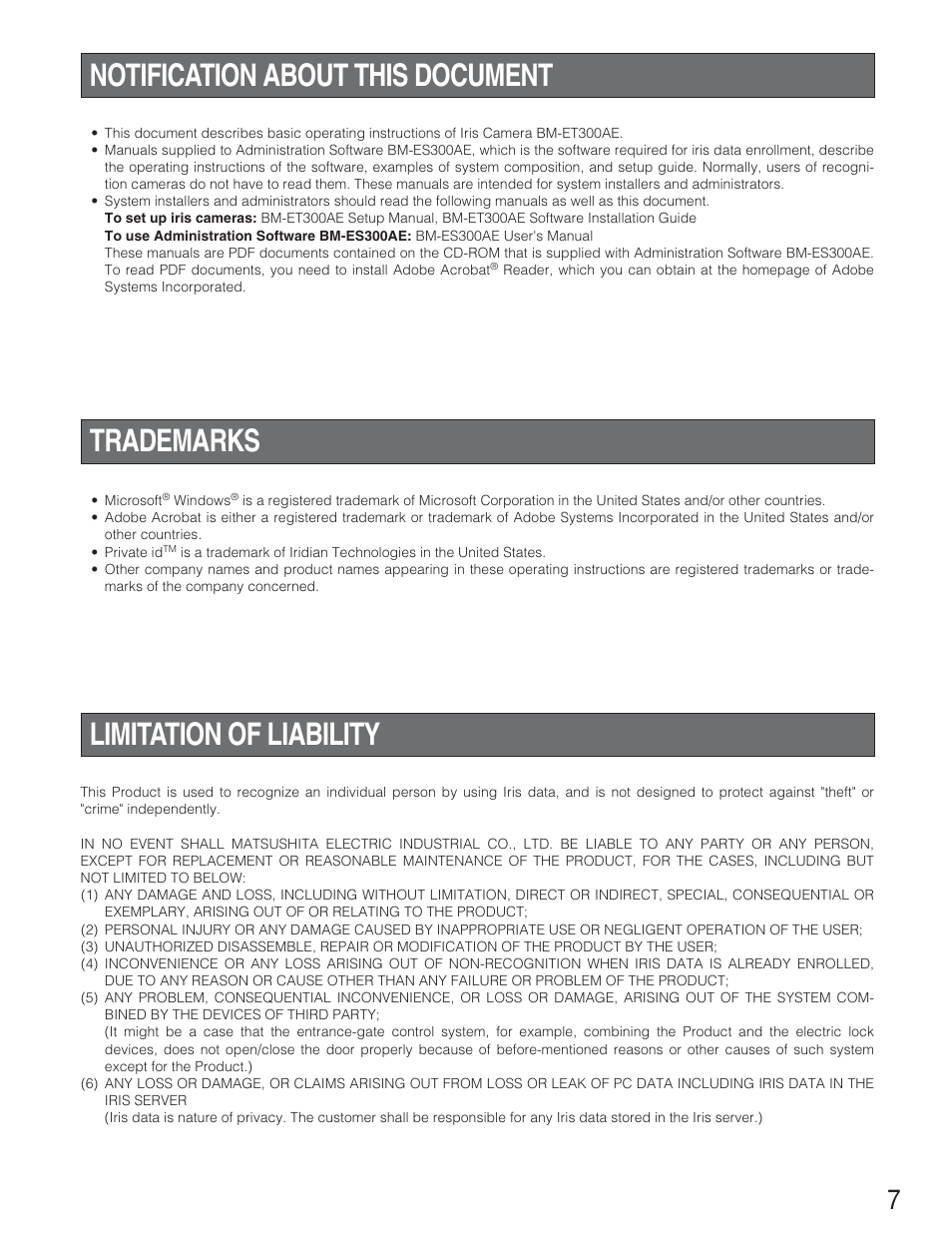 Notification about this document, Trademarks, Limitation of liability | Panasonic BM-ET300AE User Manual | Page 7 / 35