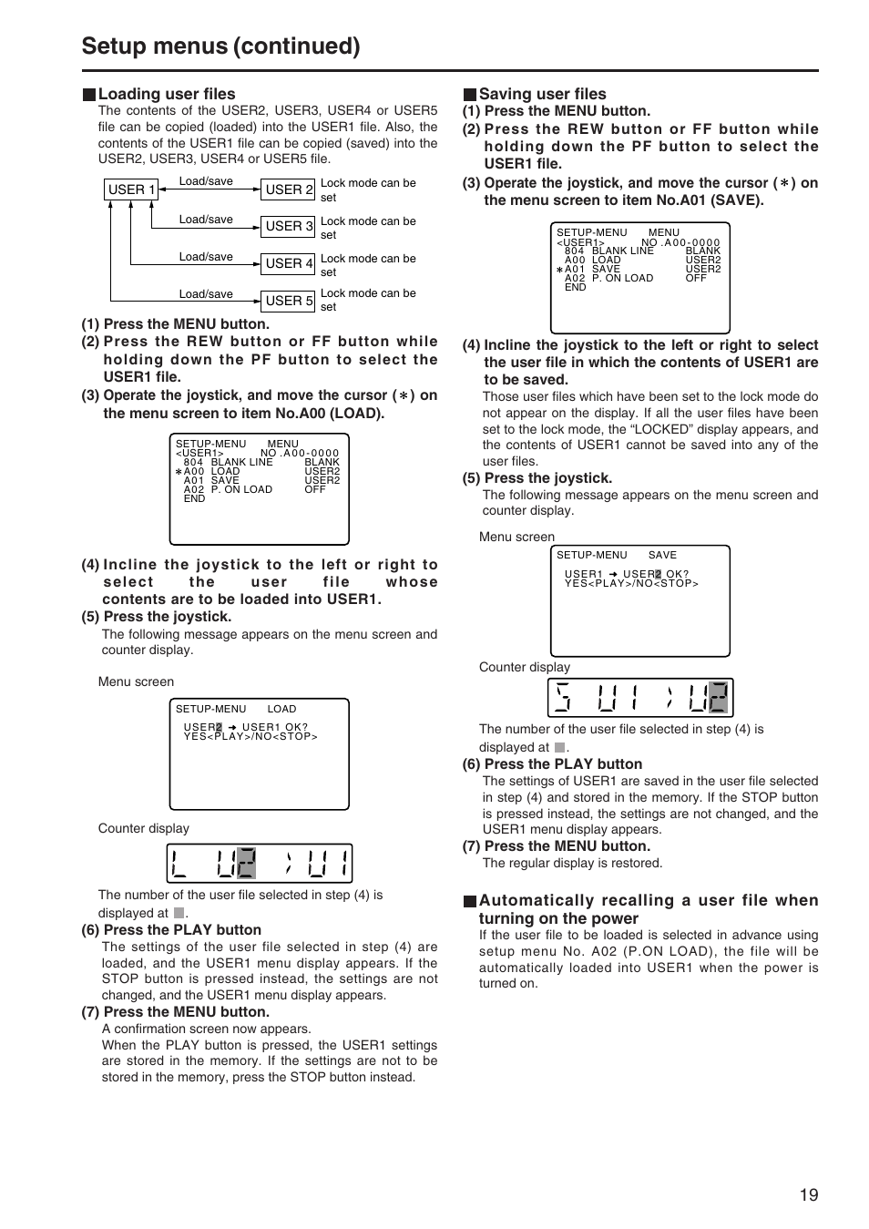 Setup menus (continued), Loading user files, Saving user files | Panasonic AJ-SD255P User Manual | Page 4 / 19