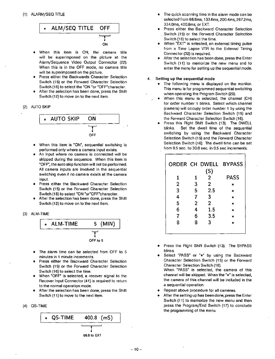 Qs-time 400.8 (ms), Alm/seq title off, Auto skip on | Alm-time 5 (min), Order ch dwell bypass | Panasonic WJ-SQ508 User Manual | Page 11 / 29