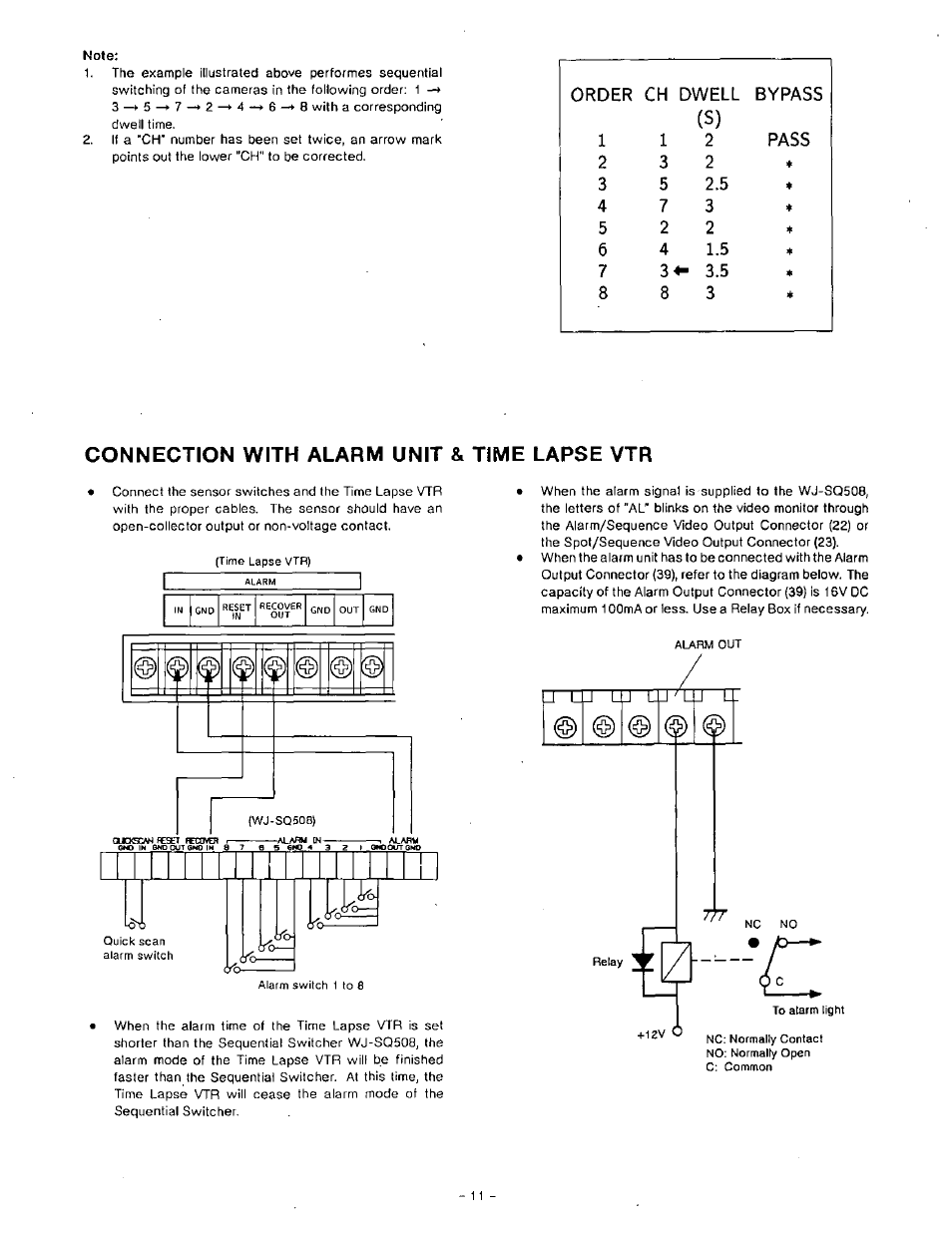 Connection with alarm unit & time lapse vtr | Panasonic WJ-SQ508 User Manual | Page 12 / 29