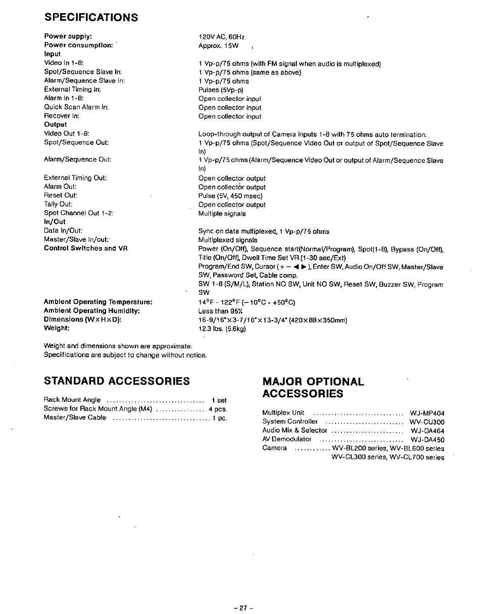 Specifications, Standard accessories, Major optional accessories | Panasonic WJ-SQ508 User Manual | Page 27 / 29