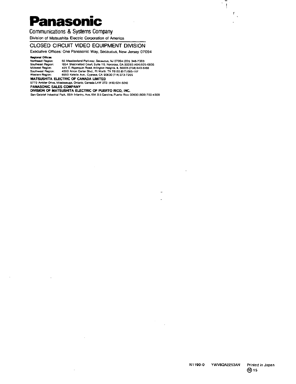 Closed circuit video equipment division, Panasonic, Communications & systems company | Panasonic WJ-SQ508 User Manual | Page 29 / 29