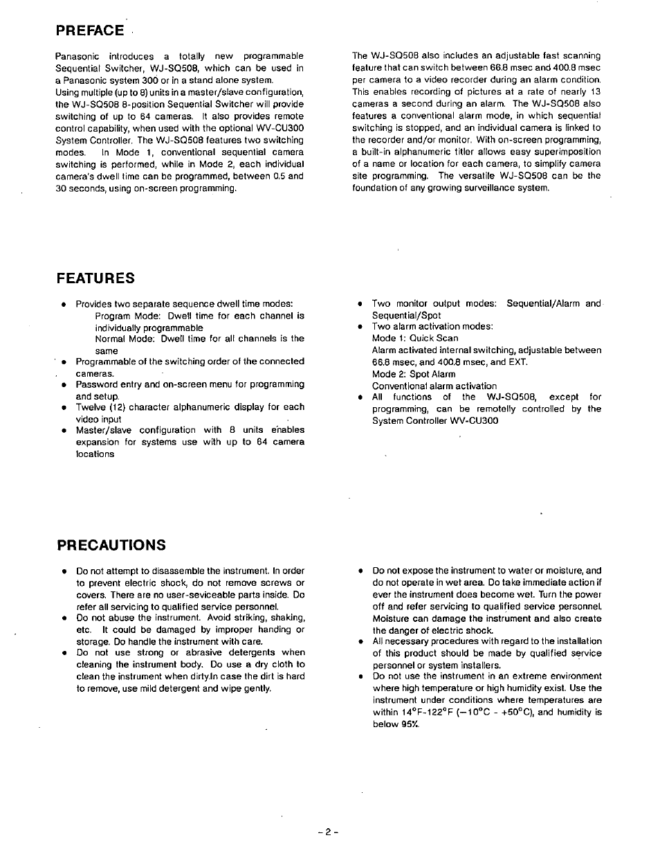 Preface, Features, Precautions | Panasonic WJ-SQ508 User Manual | Page 3 / 29