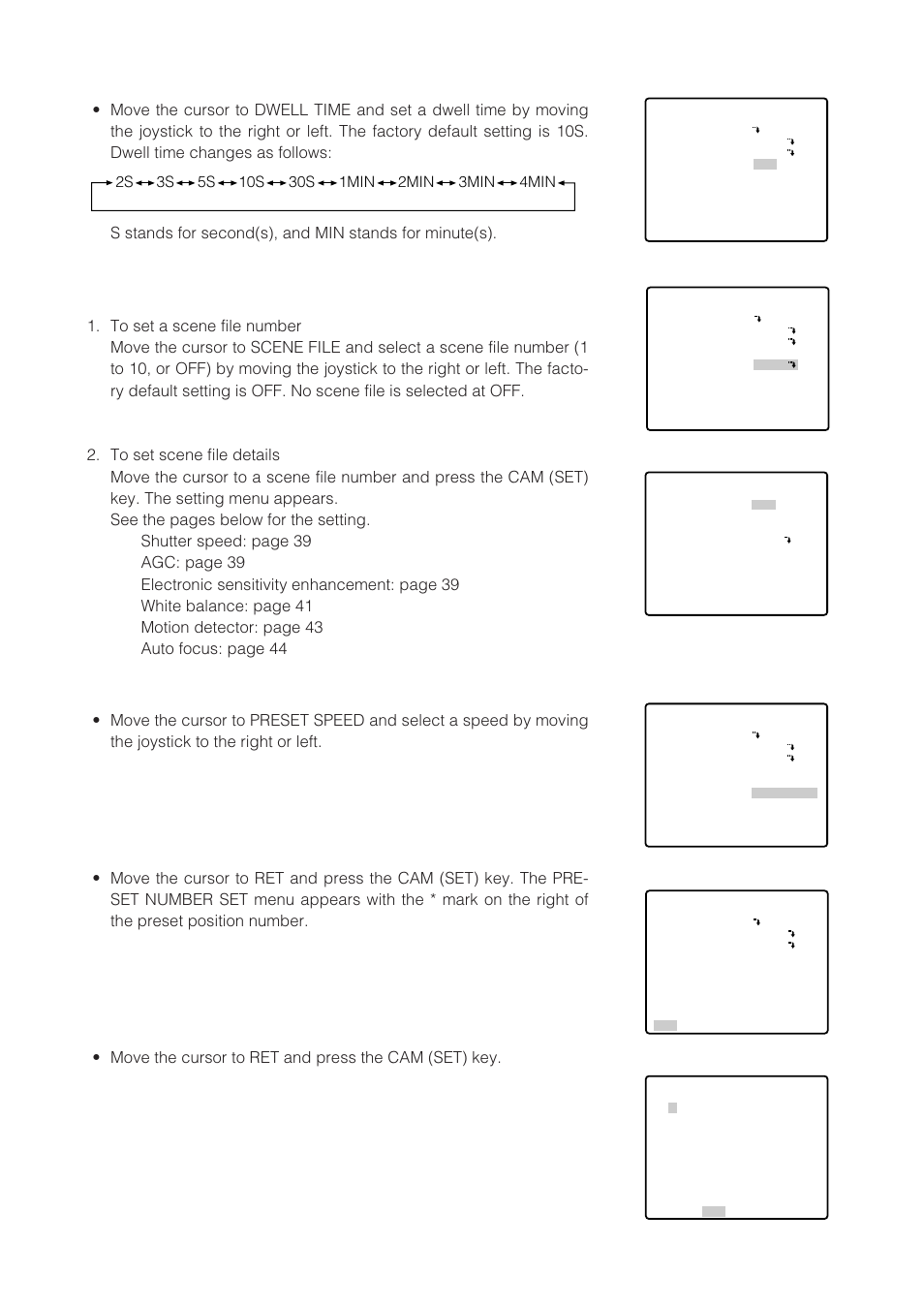 Dwell time (dwell time), Scene file setting (scene file), Preset speed setting (preset speed) | Panasonic WV-CW864 User Manual | Page 20 / 60