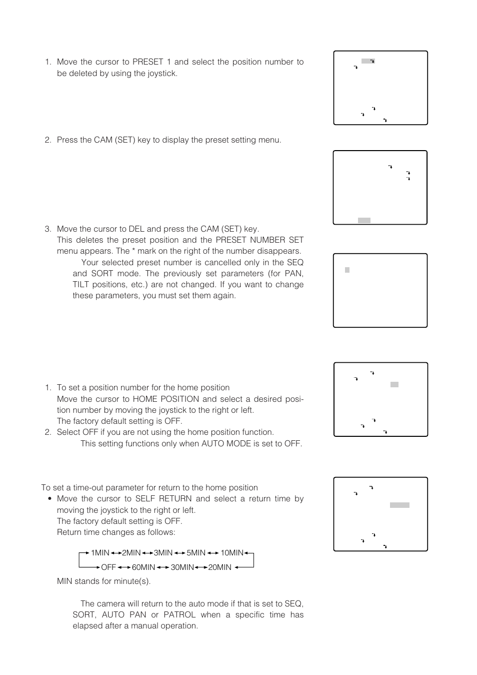 Deleting preset positions, Home position setting (home position), Self return setting (self return) | Panasonic WV-CW864 User Manual | Page 21 / 60