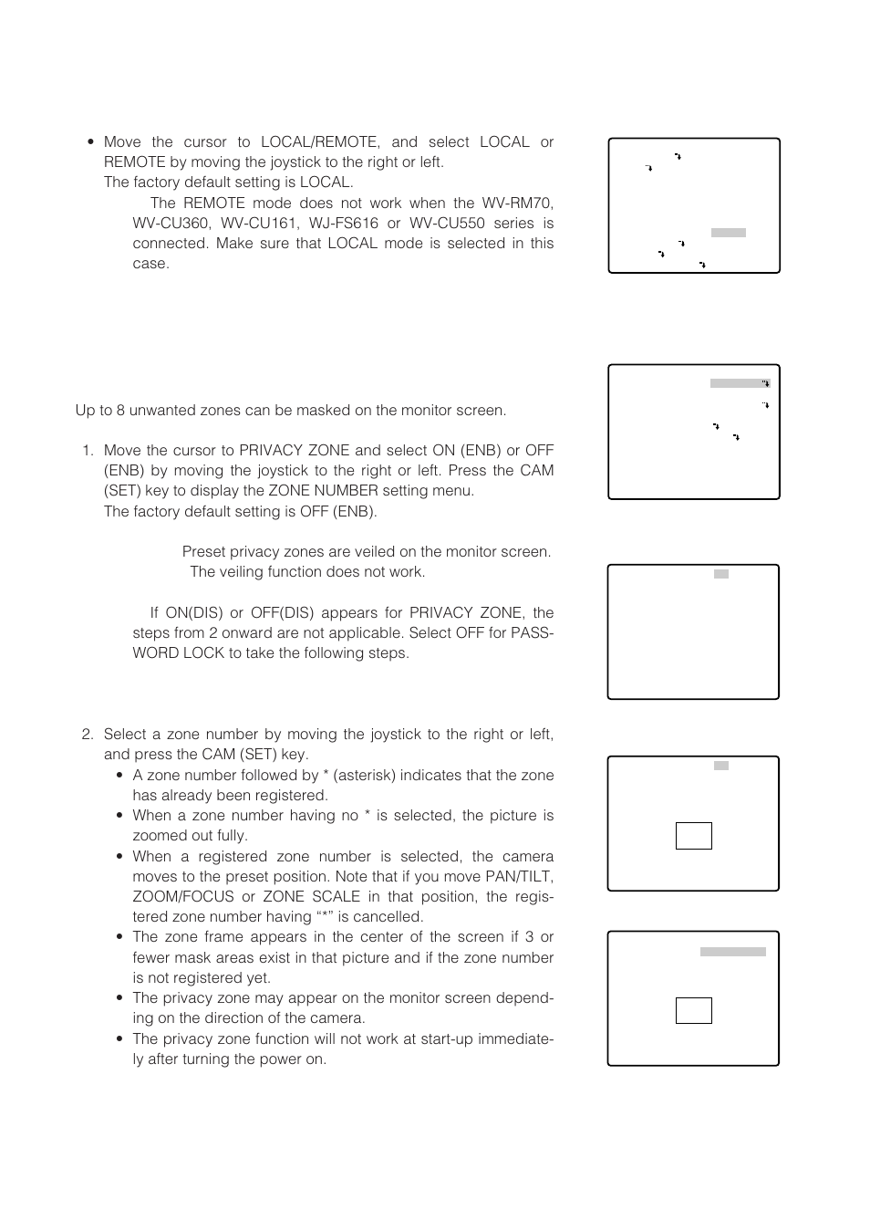 Local/remote setting (local/remote), Special 1 menu setting (special 1), Privacy zone (privacy zone) | Panasonic WV-CW864 User Manual | Page 25 / 60