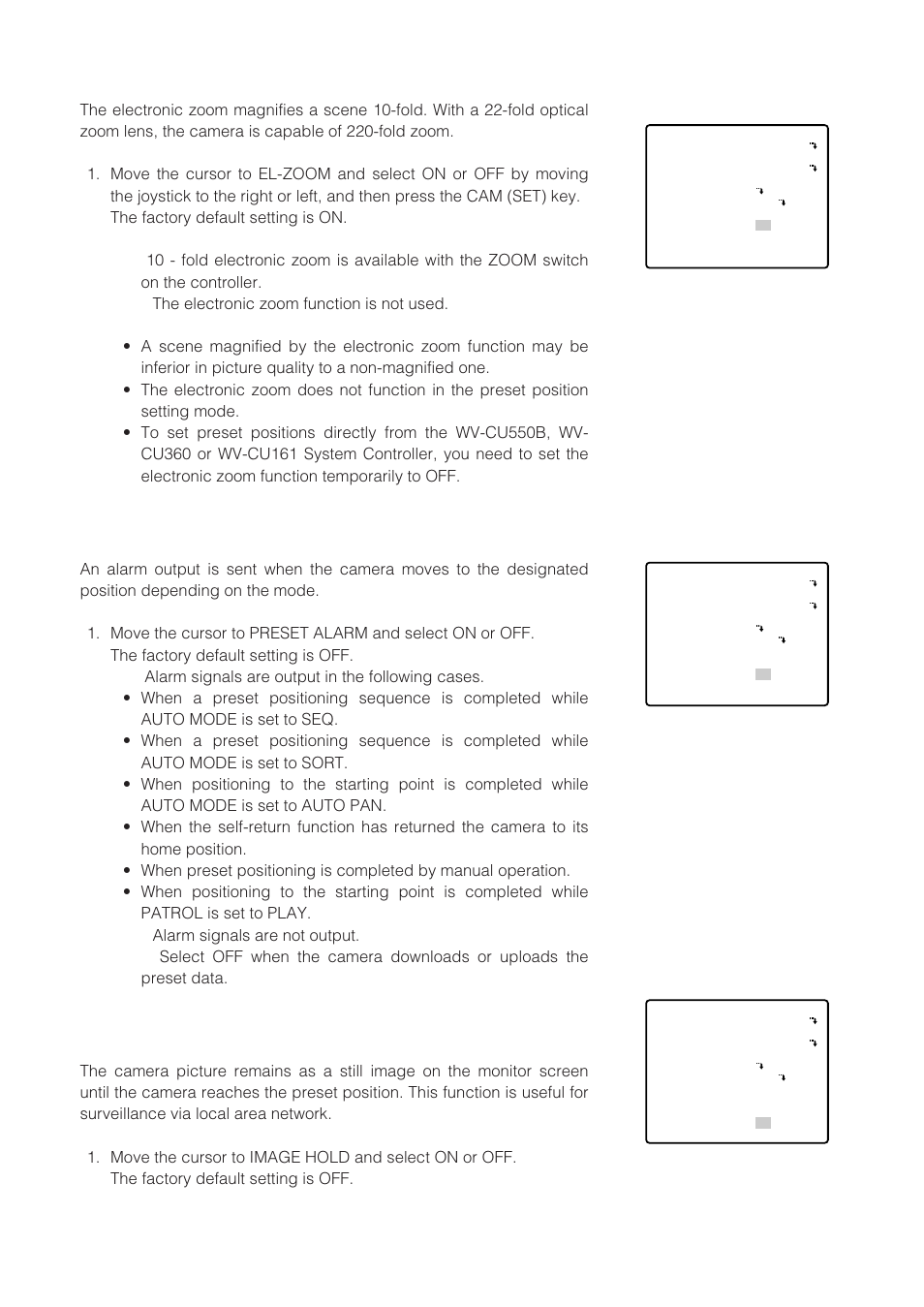 Electronic zoom (el-zoom), Preset alarm (preset alm), Image hold (image hold) | Panasonic WV-CW864 User Manual | Page 34 / 60