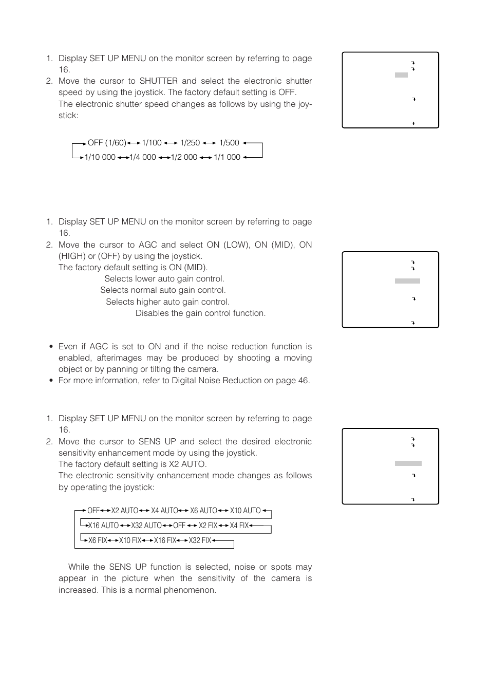 Shutter speed setting (shutter), Gain control (agc), Electronic sensitivity enhancement (sens up) | Panasonic WV-CW864 User Manual | Page 38 / 60