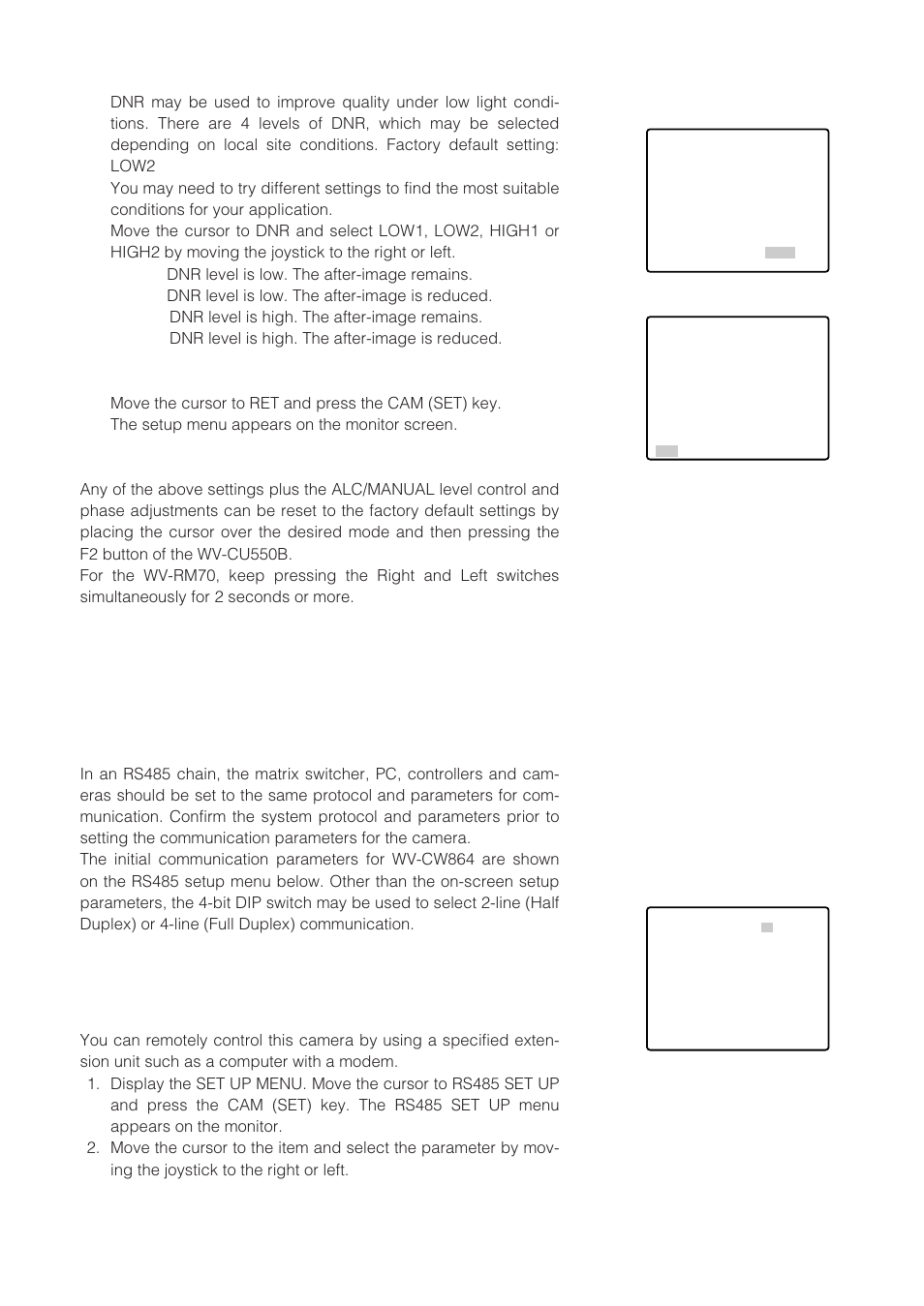 Rs485 setup, Initial camera communication parameters, Changing the camera communication parameters | Panasonic WV-CW864 User Manual | Page 46 / 60