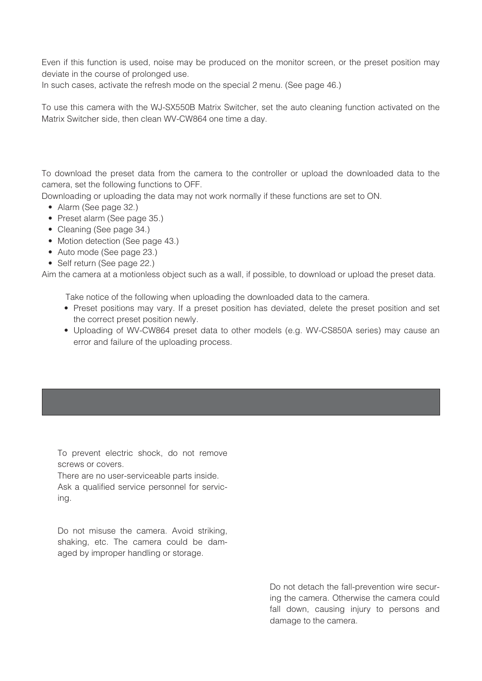 Camera cleaning, Preset data uploading or downloading, Precautions | Panasonic WV-CW864 User Manual | Page 5 / 60