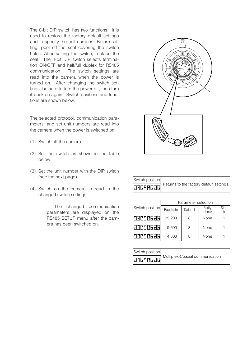 Setting the switches, Camera top view seal switch view, Switch position multiplex-coaxial communication | Panasonic WV-CW864 User Manual | Page 50 / 60