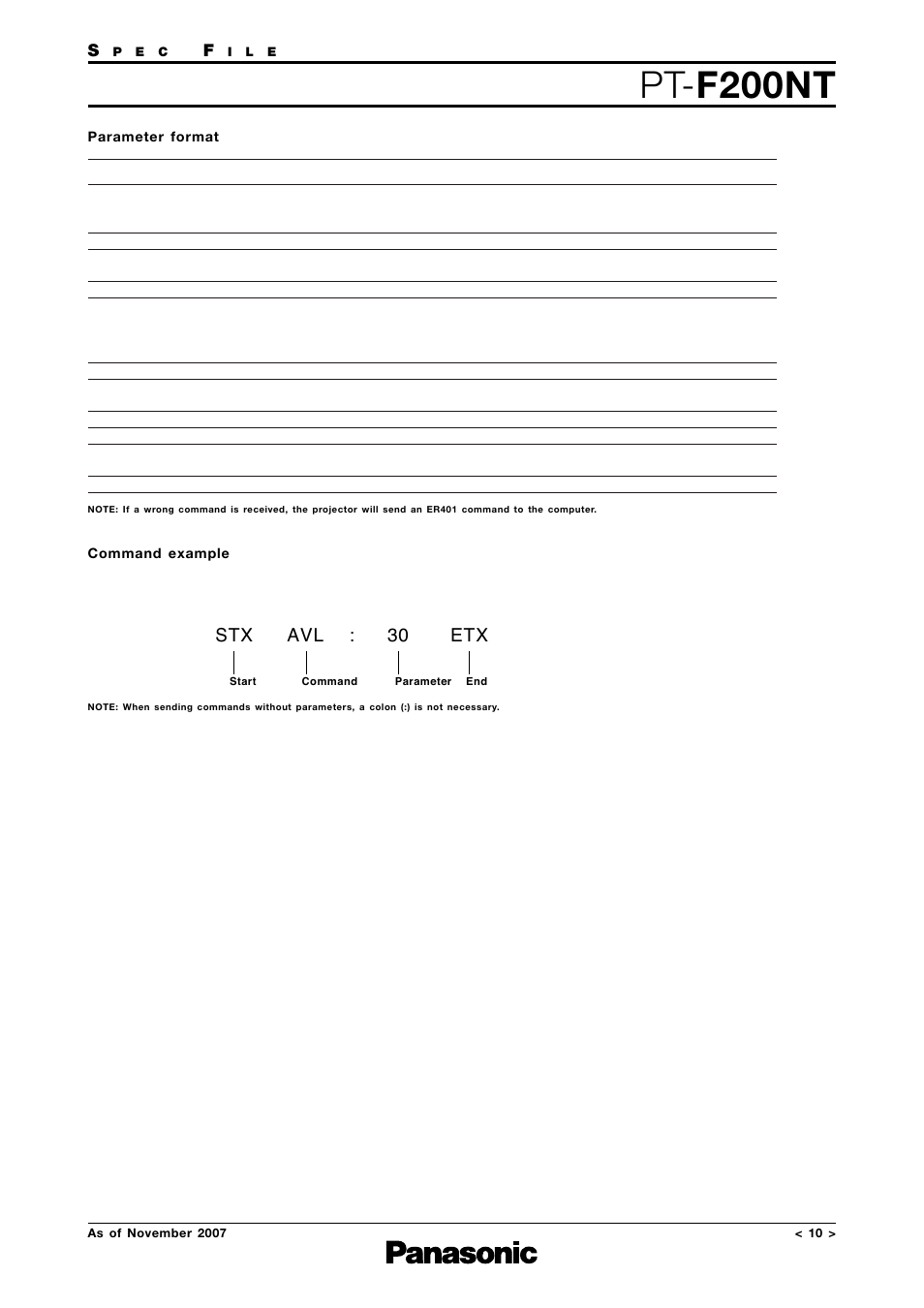 Parameter format, Command example, Pt- f200nt | Stx avl : 30 etx | Panasonic PT-F200NTEA User Manual | Page 10 / 11