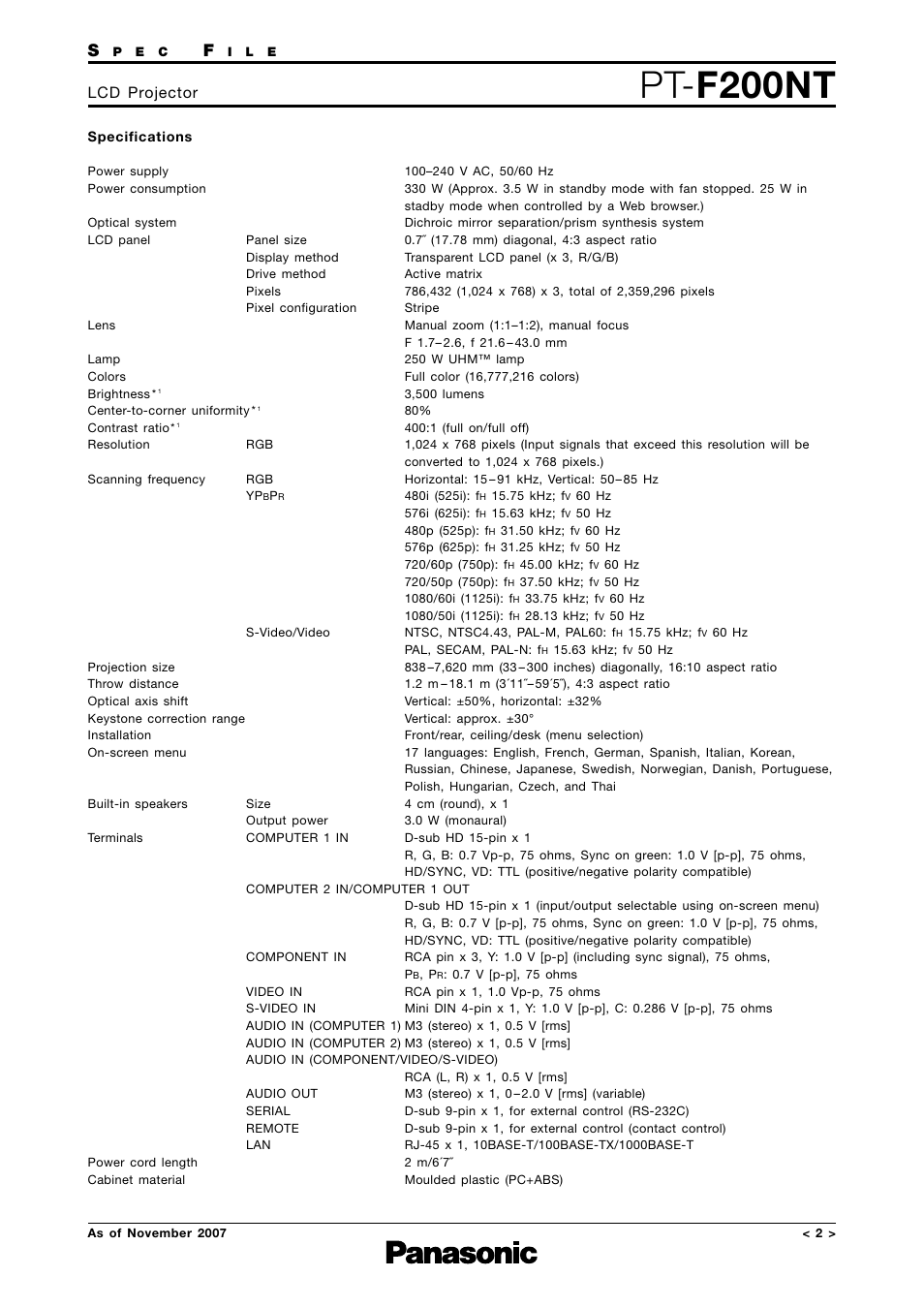 Specifications, Pt- f200nt, Lcd projector | Panasonic PT-F200NTEA User Manual | Page 2 / 11