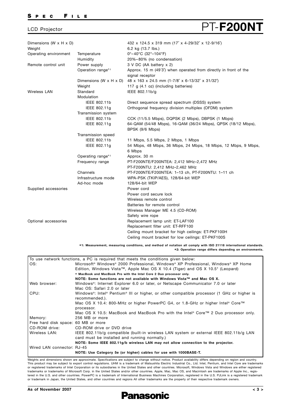 Speciications - 2, Pt- f200nt, Lcd projector | Panasonic PT-F200NTEA User Manual | Page 3 / 11