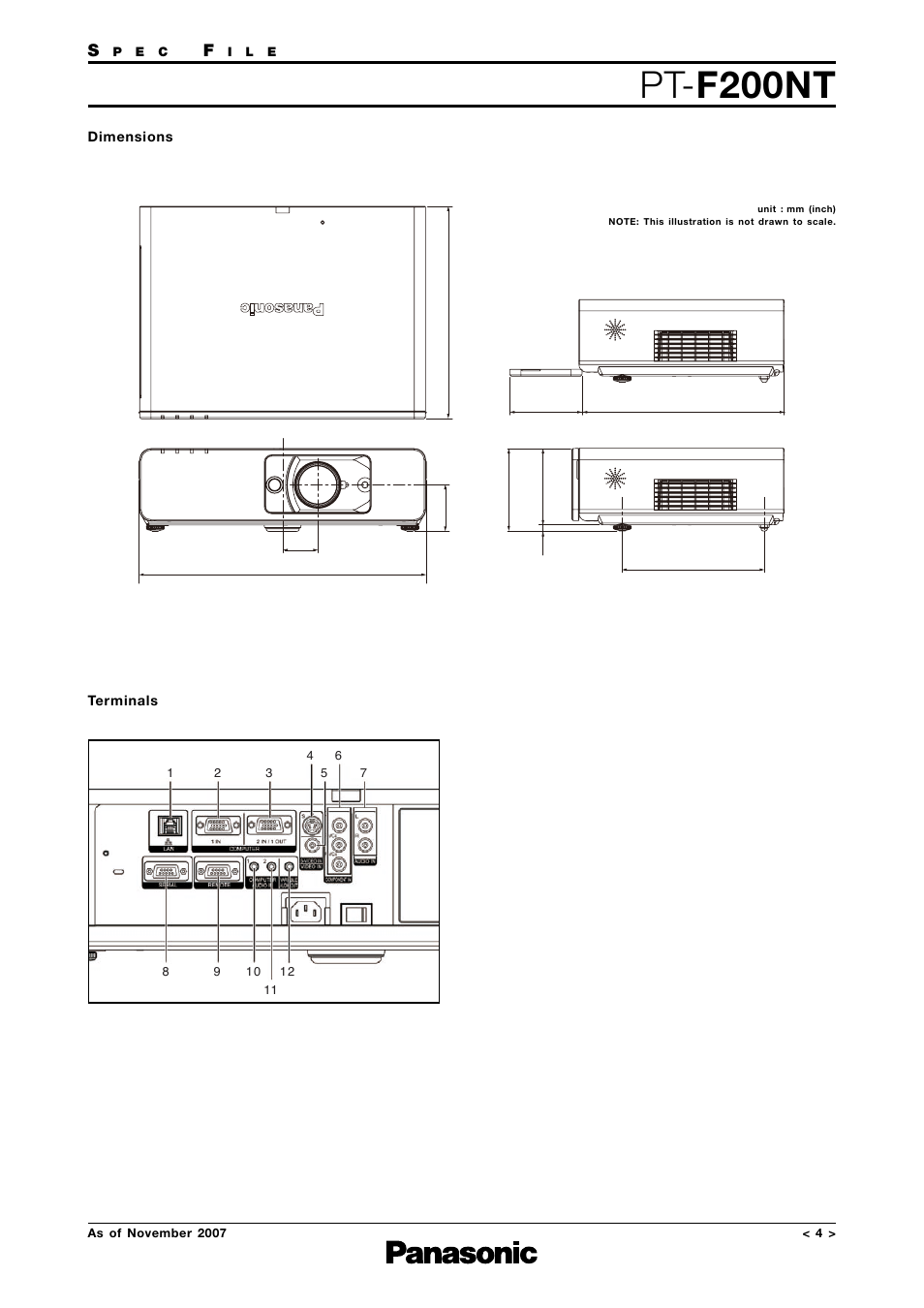 Dimensions, Terminals, Pt- f200nt | Panasonic PT-F200NTEA User Manual | Page 4 / 11